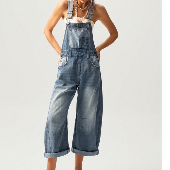 Boho Dark Wash Paisley print Button Wide Leg Denim Bib Overalls - Picture 2 of 12